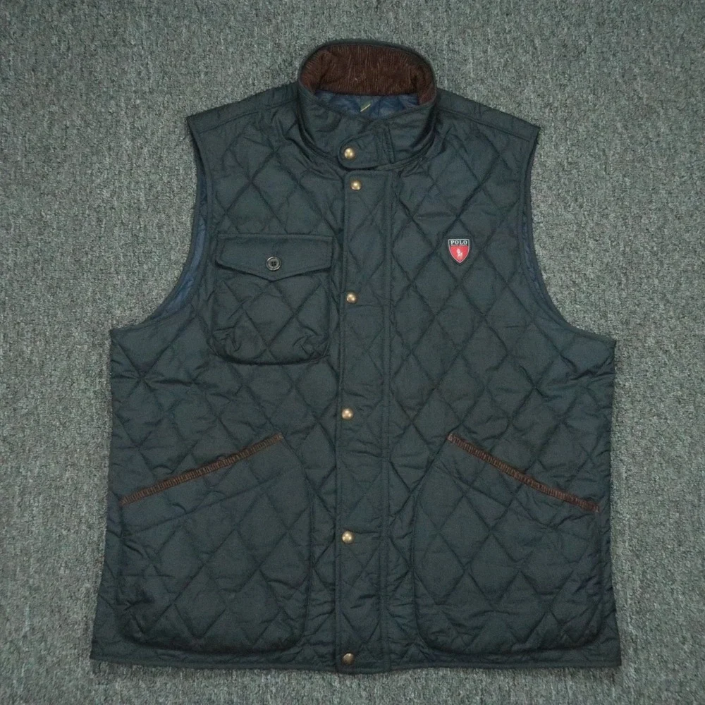 Polo Ralph Lauren Vest Mens XL Blue‎ Diamond Quilted Insulated Full Zip Pockets